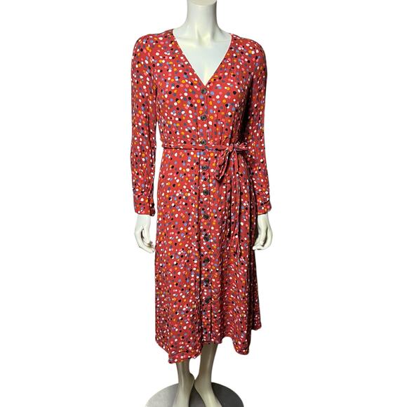 LOFT Coral Red Polka Dot Midi Dress | Colorful Button Front Belted Shirtdress - Picture 1 of 8